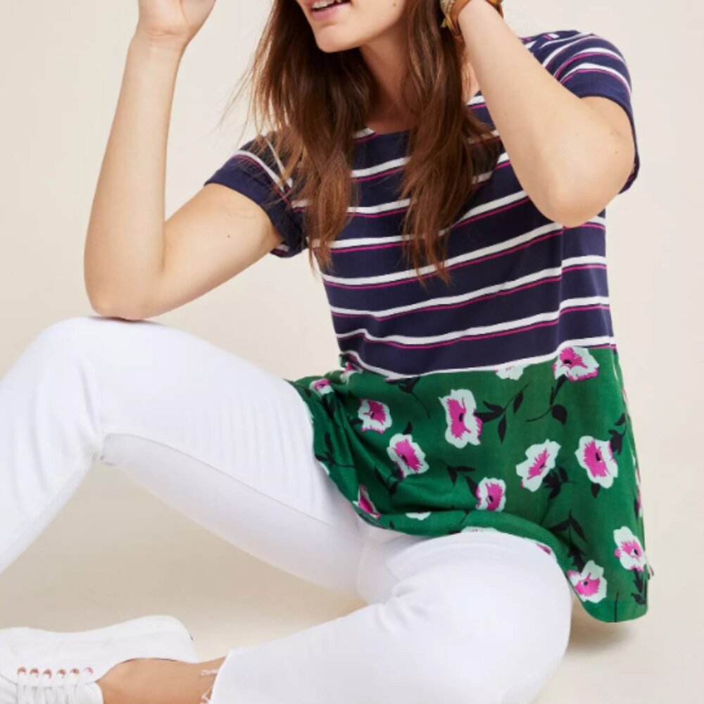 Anthropologie Navy Pink Striped Green Floral "Sonja" Mixed Media Tee